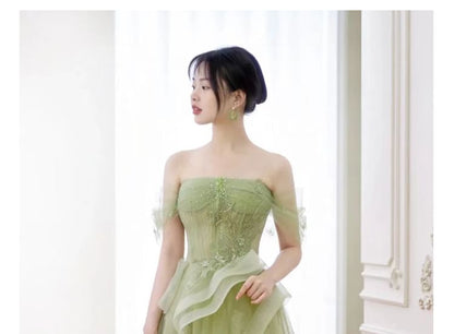 Plain Floral Applique Ruffle Panel Mesh A-Line Tube Evening Gown