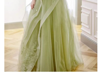Plain Floral Applique Ruffle Panel Mesh A-Line Tube Evening Gown