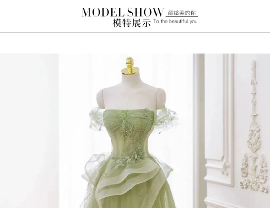 Plain Floral Applique Ruffle Panel Mesh A-Line Tube Evening Gown