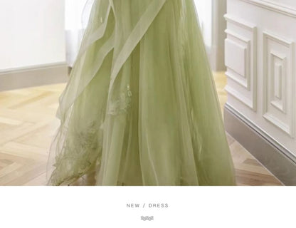Plain Floral Applique Ruffle Panel Mesh A-Line Tube Evening Gown