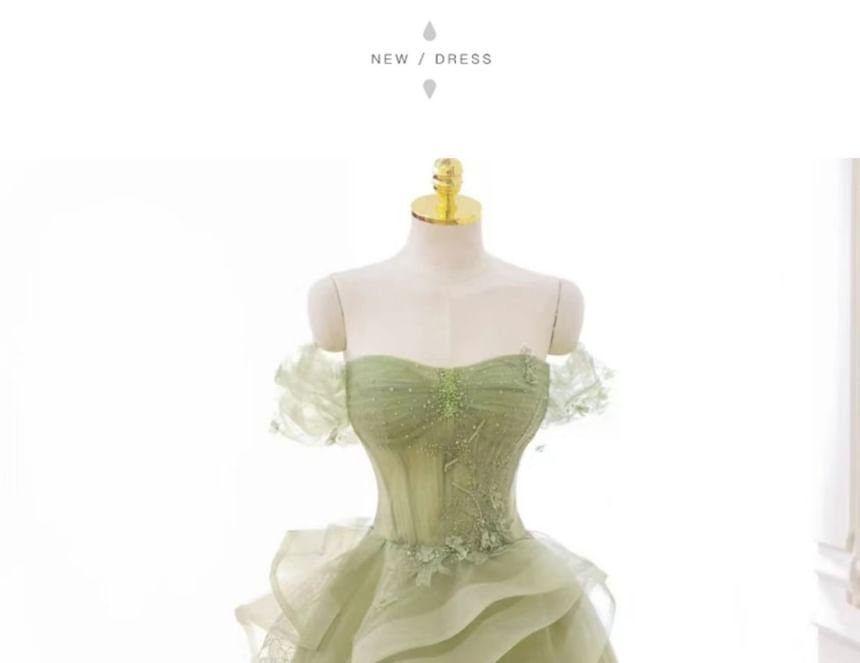 Plain Floral Applique Ruffle Panel Mesh A-Line Tube Evening Gown