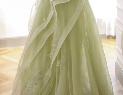 Plain Floral Applique Ruffle Panel Mesh A-Line Tube Evening Gown