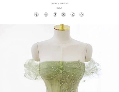 Plain Floral Applique Ruffle Panel Mesh A-Line Tube Evening Gown