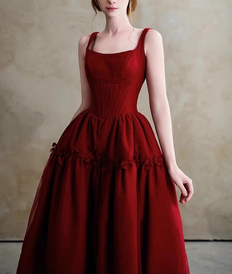 Sleeveless Square Neck Plain Panel Mesh A-Line Evening Gown