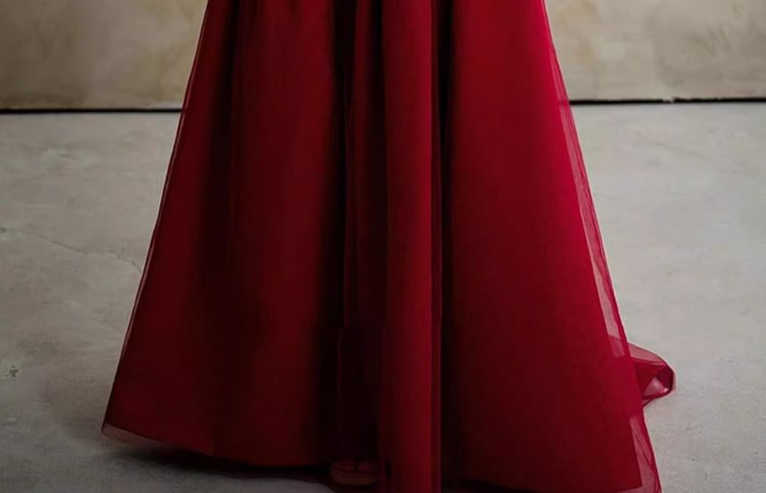 Sleeveless Square Neck Plain Panel Mesh A-Line Evening Gown