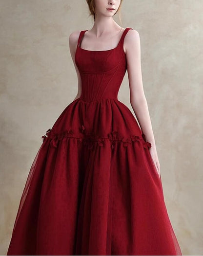 Sleeveless Square Neck Plain Panel Mesh A-Line Evening Gown