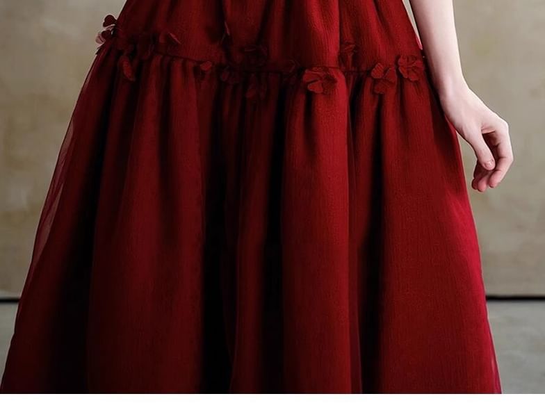 Sleeveless Square Neck Plain Panel Mesh A-Line Evening Gown