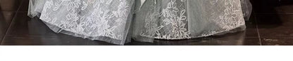 Short Sleeve Off Shoulder Floral Patterned Ruched Panel Lace A-Line Evening Gown