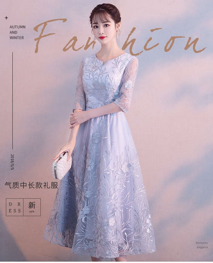 Elbow Sleeve Notch Neck Floral Embroidered Mesh Midi A-Line Cocktail Dress