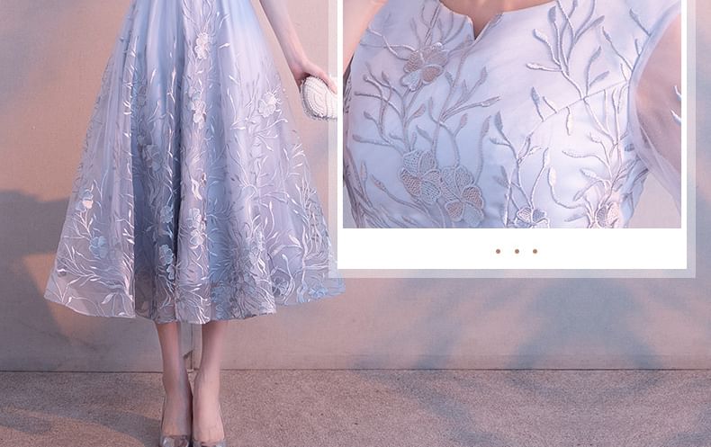 Elbow Sleeve Notch Neck Floral Embroidered Mesh Midi A-Line Cocktail Dress