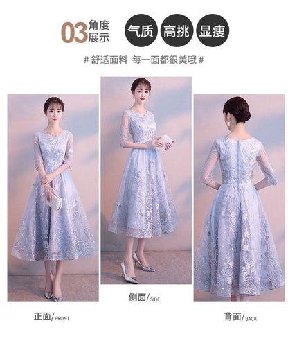 Elbow Sleeve Notch Neck Floral Embroidered Mesh Midi A-Line Cocktail Dress