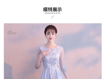 Elbow Sleeve Notch Neck Floral Embroidered Mesh Midi A-Line Cocktail Dress