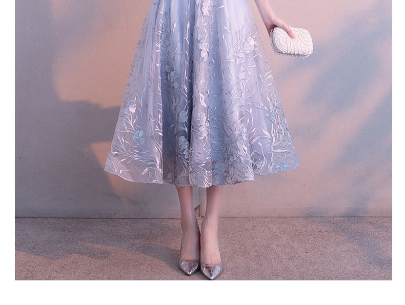 Elbow Sleeve Notch Neck Floral Embroidered Mesh Midi A-Line Cocktail Dress