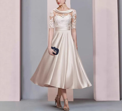 Short Sleeve Collared Plain Lace Panel Satin Midi A-Line Cocktail Dress