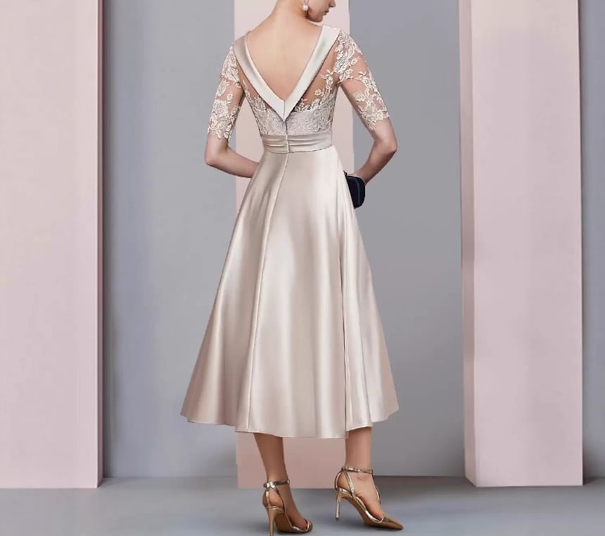 Short Sleeve Collared Plain Lace Panel Satin Midi A-Line Cocktail Dress