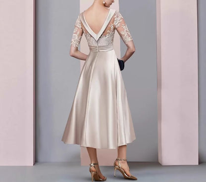Short Sleeve Collared Plain Lace Panel Satin Midi A-Line Cocktail Dress
