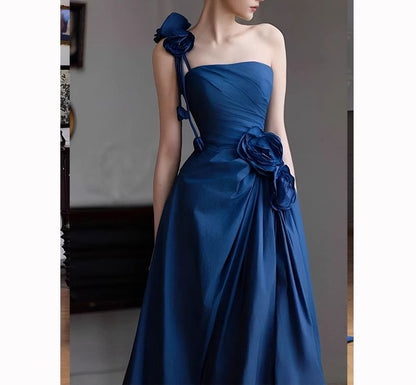 Spaghetti Strap One Shoulder Plain Floral Detail Ruched A-Line Evening Gown