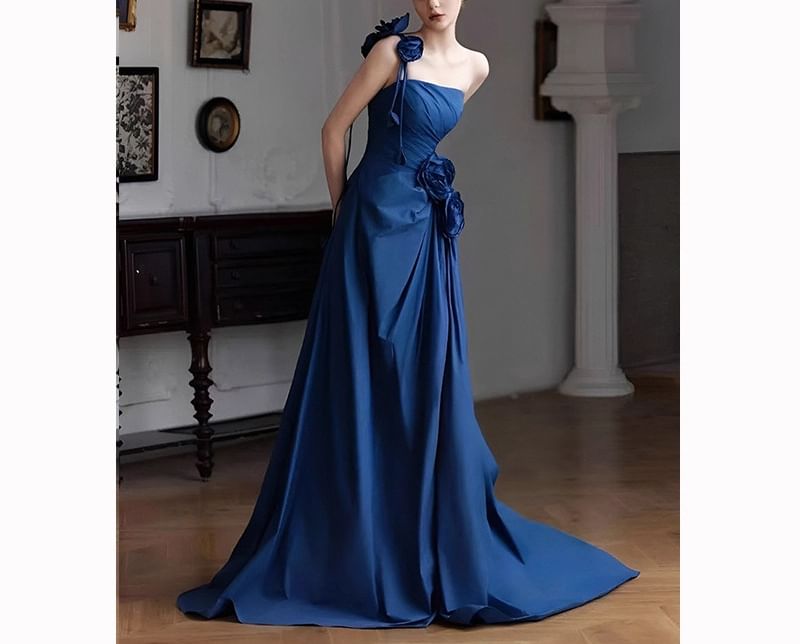 Spaghetti Strap One Shoulder Plain Floral Detail Ruched A-Line Evening Gown