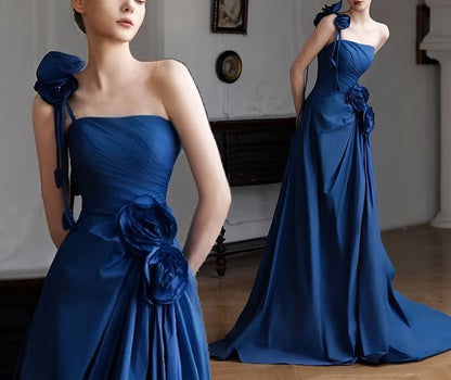 Spaghetti Strap One Shoulder Plain Floral Detail Ruched A-Line Evening Gown