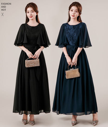 Flutter Sleeve Round Neck Plain Panel Lace Maxi A-Line Cocktail Dress