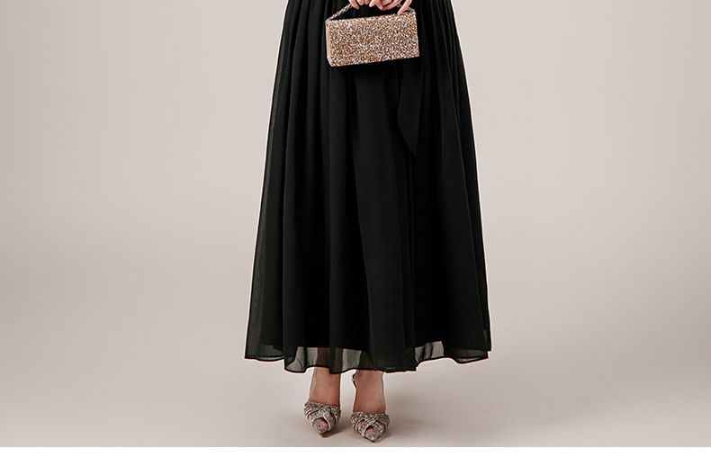 Flutter Sleeve Round Neck Plain Panel Lace Maxi A-Line Cocktail Dress