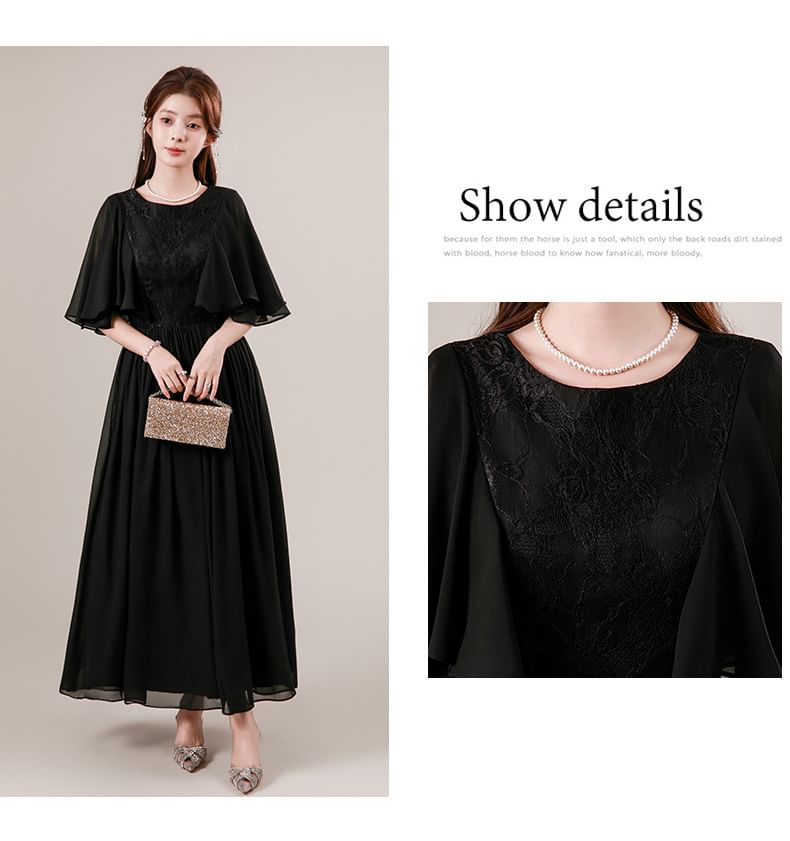 Flutter Sleeve Round Neck Plain Panel Lace Maxi A-Line Cocktail Dress