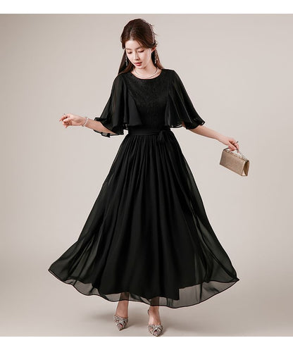 Flutter Sleeve Round Neck Plain Panel Lace Maxi A-Line Cocktail Dress