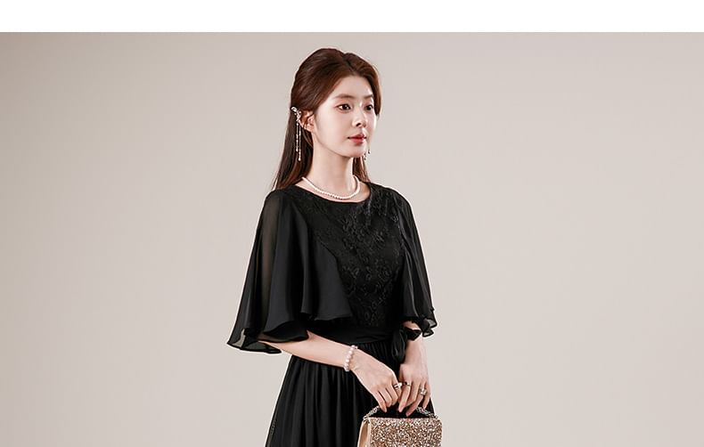 Flutter Sleeve Round Neck Plain Panel Lace Maxi A-Line Cocktail Dress