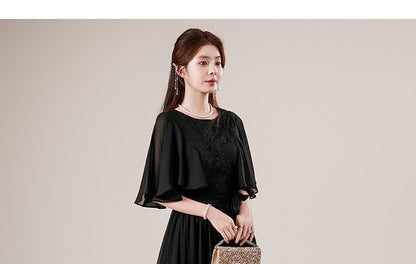 Flutter Sleeve Round Neck Plain Panel Lace Maxi A-Line Cocktail Dress