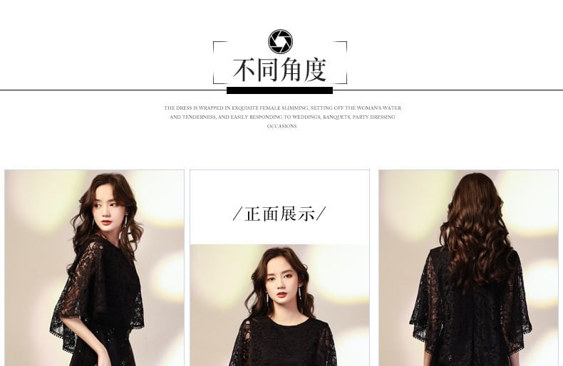 Cape Sleeve Round Neck Plain Lace Panel Mesh A-Line Evening Dress