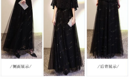 Cape Sleeve Round Neck Plain Lace Panel Mesh A-Line Evening Dress