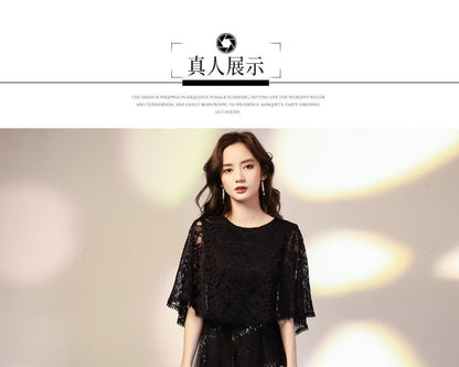 Cape Sleeve Round Neck Plain Lace Panel Mesh A-Line Evening Dress