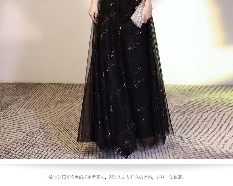 Cape Sleeve Round Neck Plain Lace Panel Mesh A-Line Evening Dress