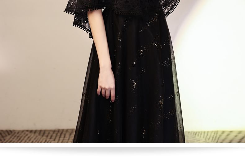 Cape Sleeve Round Neck Plain Lace Panel Mesh A-Line Evening Dress