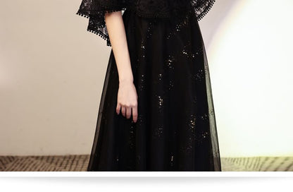 Cape Sleeve Round Neck Plain Lace Panel Mesh A-Line Evening Dress