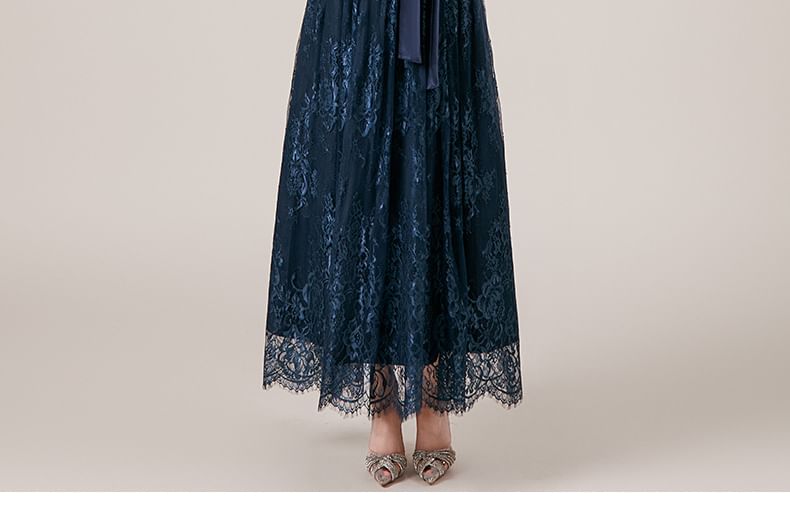 Long Sleeve Mock Neck Plain Frill Tie-Waist Lace A-Line Evening Dress