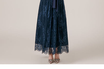 Long Sleeve Mock Neck Plain Frill Tie-Waist Lace A-Line Evening Dress