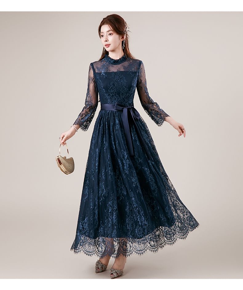 Long Sleeve Mock Neck Plain Frill Tie-Waist Lace A-Line Evening Dress