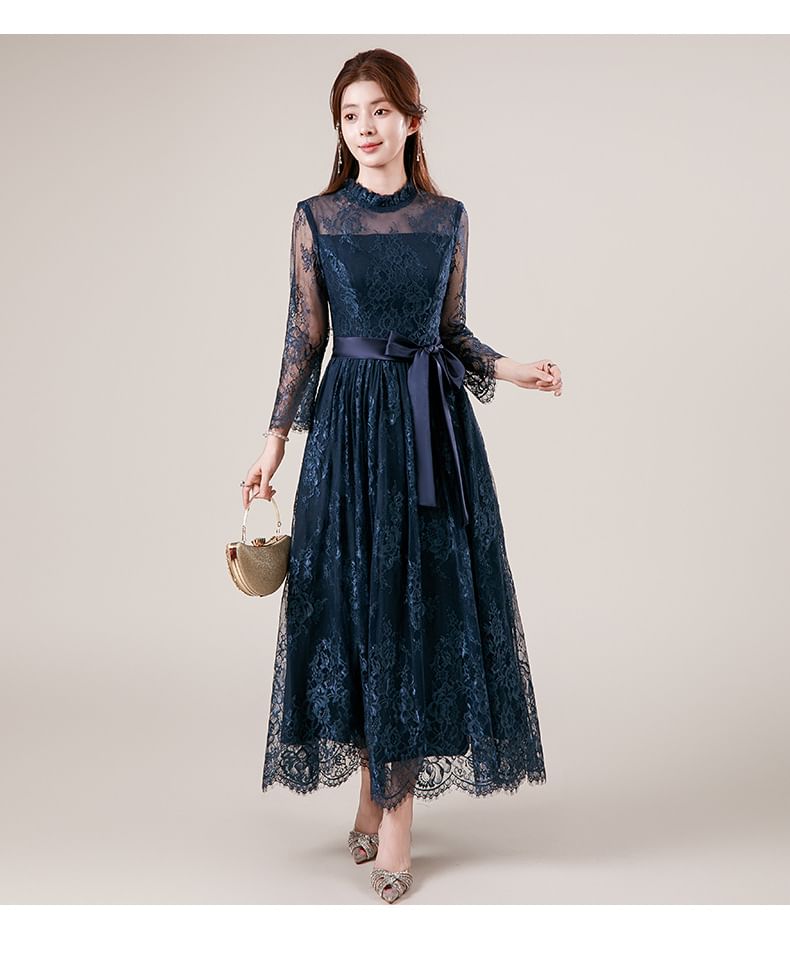 Long Sleeve Mock Neck Plain Frill Tie-Waist Lace A-Line Evening Dress