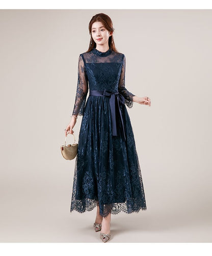 Long Sleeve Mock Neck Plain Frill Tie-Waist Lace A-Line Evening Dress