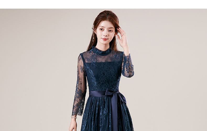 Long Sleeve Mock Neck Plain Frill Tie-Waist Lace A-Line Evening Dress