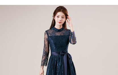 Long Sleeve Mock Neck Plain Frill Tie-Waist Lace A-Line Evening Dress