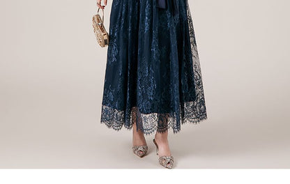 Long Sleeve Mock Neck Plain Frill Tie-Waist Lace A-Line Evening Dress