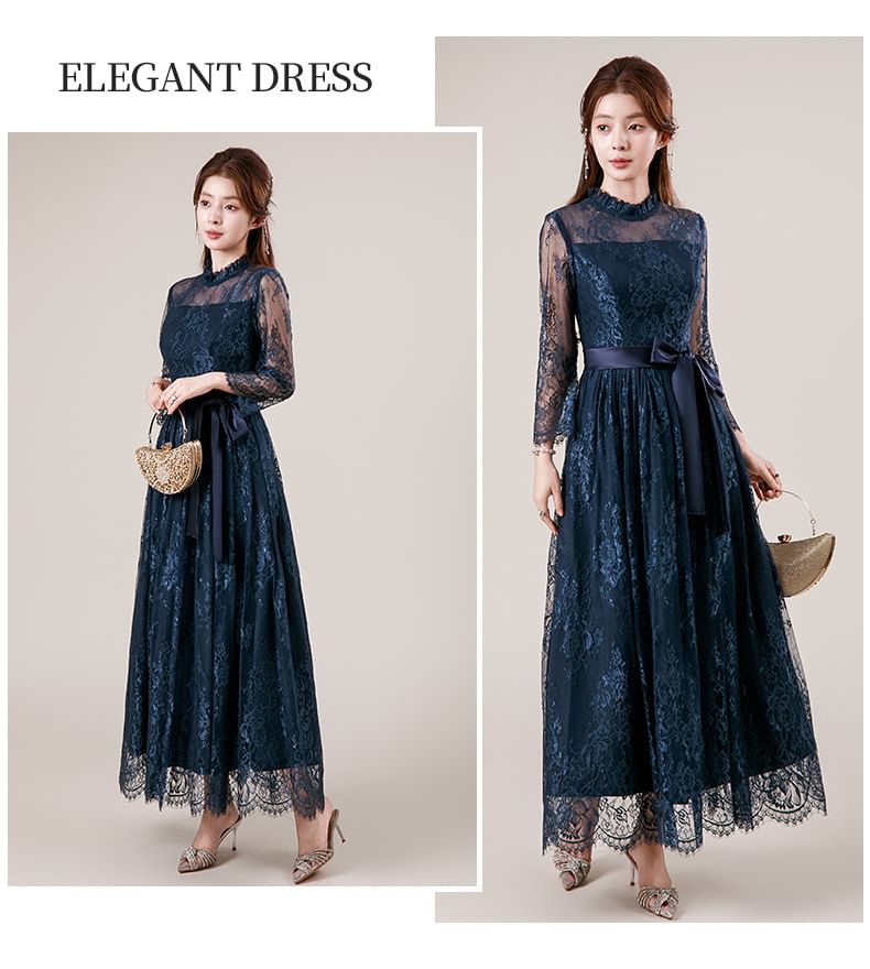 Long Sleeve Mock Neck Plain Frill Tie-Waist Lace A-Line Evening Dress