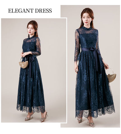 Long Sleeve Mock Neck Plain Frill Tie-Waist Lace A-Line Evening Dress