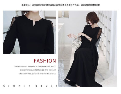 Elbow Sleeve Notch Neck Dotted Panel Mesh Maxi A-Line Cocktail Dress