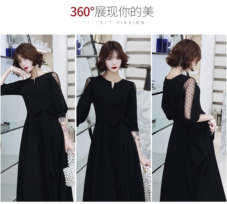 Elbow Sleeve Notch Neck Dotted Panel Mesh Maxi A-Line Cocktail Dress