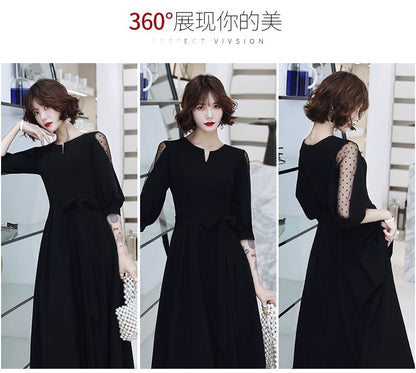 Elbow Sleeve Notch Neck Dotted Panel Mesh Maxi A-Line Cocktail Dress