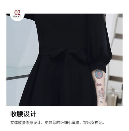 Elbow Sleeve Notch Neck Dotted Panel Mesh Maxi A-Line Cocktail Dress