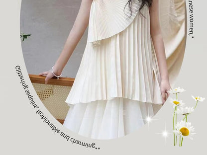 Plain Pleated Panel Mesh A-Line Tube Wedding Gown